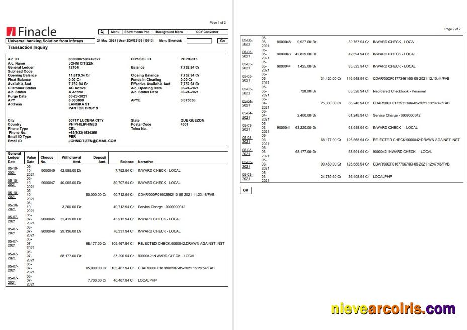 India Finacle bank statement in Word and PDF format (2 pages)